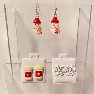 Snowman/ Hot Cocoa Cup Studs/ Shimmer Snow Flake Studs Pierced Earrings